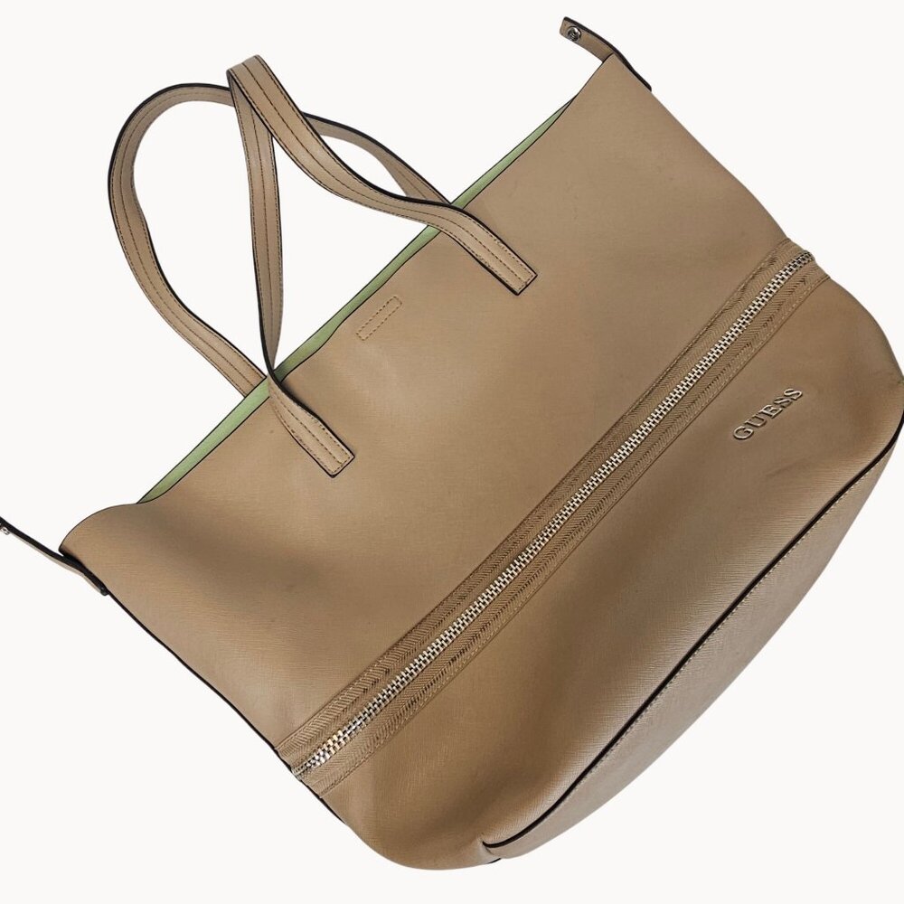 GUESS Beige Brown Green Lined Handbag Hobo Tote Bag Faux Leather‎ Purse XL